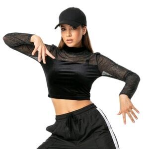 Body Wrappers VTG 90s Mesh Velvet Mock Neck Dance Midriff Glitter Top Adult L